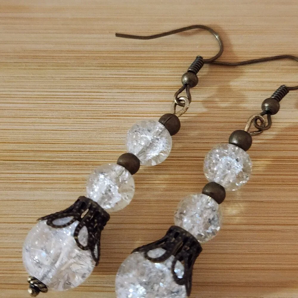Hand Crafted Earrings Pierced Clear Bronze Beaded Dangle